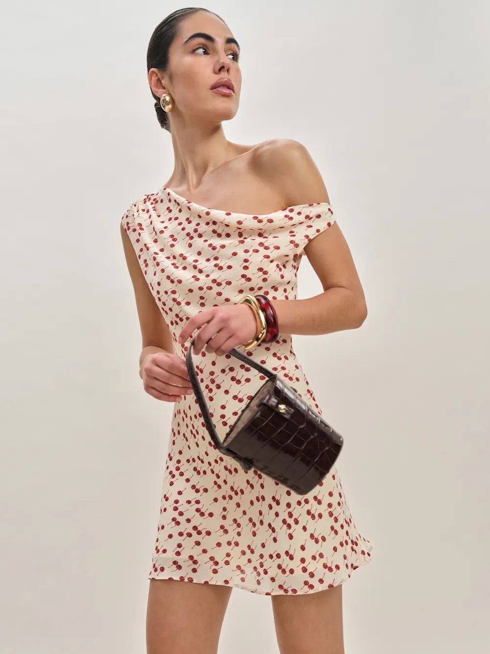 NWOT Reformation Kristine Dress in Cherry Pudding Ivory Off The Shoulder Mini